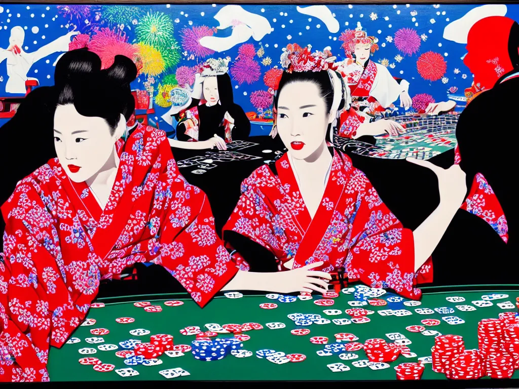 Prompt: hyperrealistim composition of the detailed single woman in a japanese kimono sitting at a extremely detailed poker table with hyperdetailed darth vader, fireworks, mountain fuji on the background, pop - art style, jacky tsai style, andy warhol style, acrylic on canvas