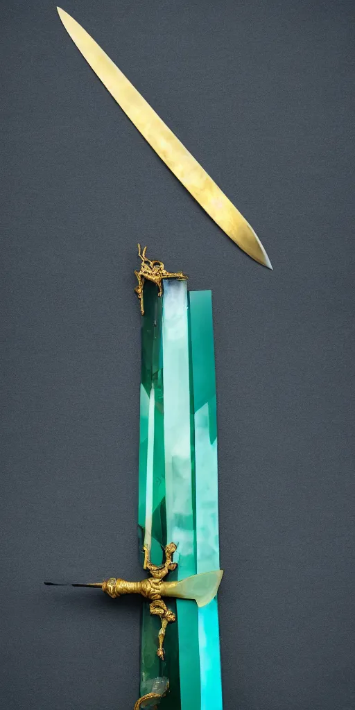 Prompt: photograph of a wide green and teal crystal sword blade attached to a big gold sword hilt