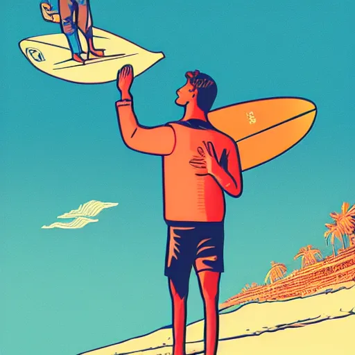 Prompt: postal employee holding a macbook in one hand and waving to a surfer with the other hand, kilian eng