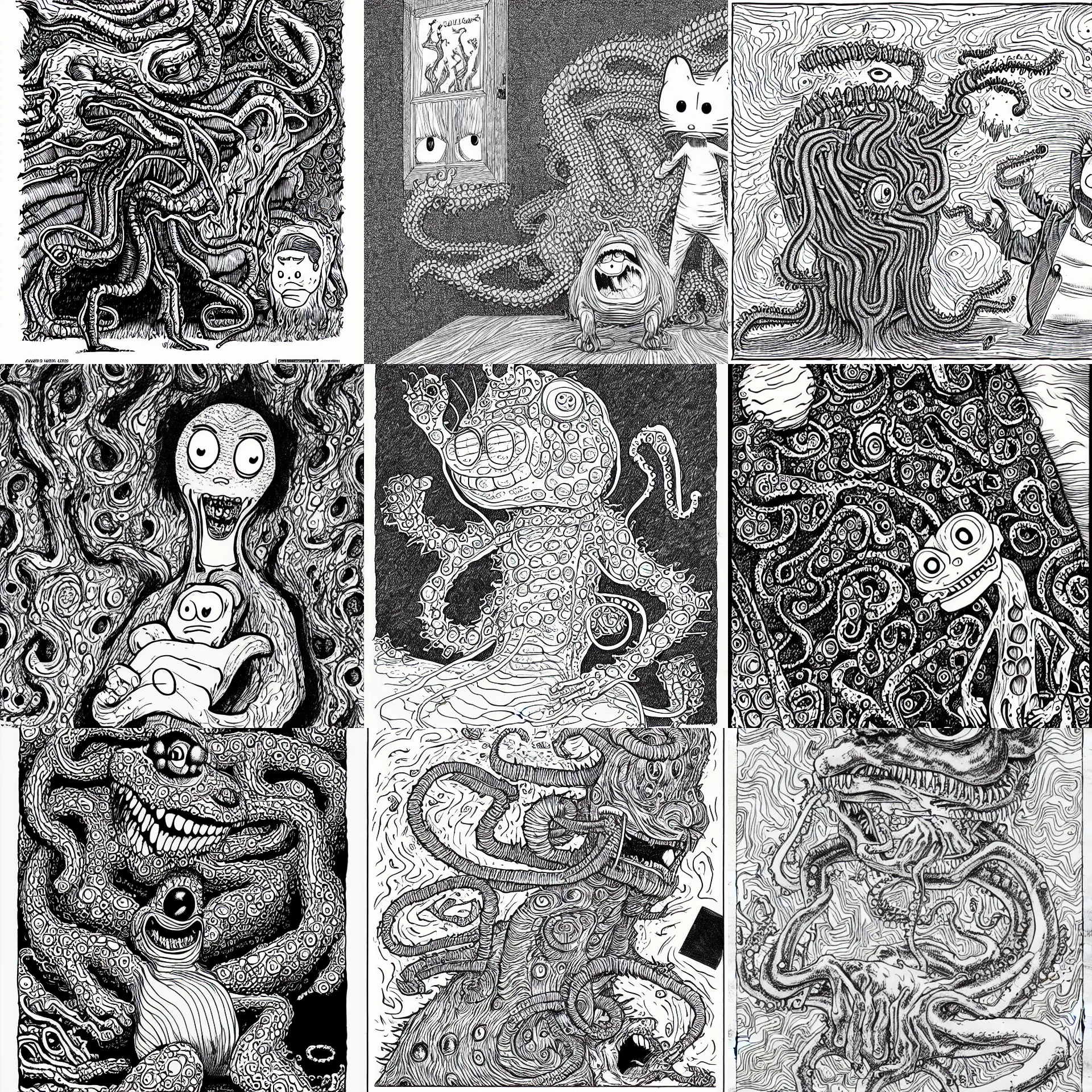 Image similar to Garfield as an eldritch abomination, illustrated by Junji Ito, Lovecraftian, line art