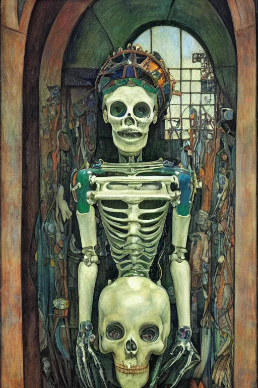 Prompt: the robot queen of bones and her lantern by the window,by Annie Swynnerton and Diego Rivera and Elihu Vedder, symbolist, dramatic lighting, elaborate geometric ornament, Art Brut, soft blues and greens,smooth, sharp focus, extremely detailed, Adolf Wölfli