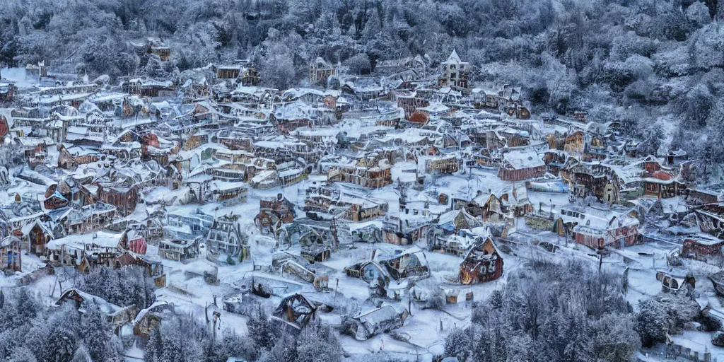 Prompt: Distorted Fantasy town covered in clear translucent snow