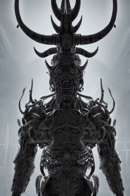 Prompt: Techno-God is an ancient mechanical gray giant chaotic horned humanoid, digital art, 8k, hyperrealism, high detail, ray tracing, concept art, octane render