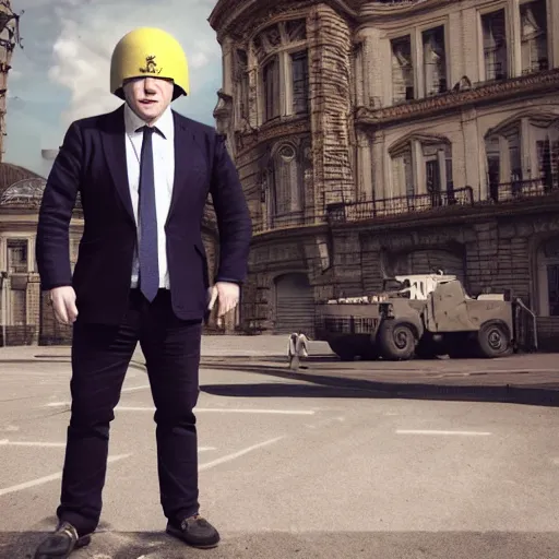 Prompt: boris johnson with peace symbol military helmet on, in kyiv, realistic, wide shot, sunny lighting, octane render, gq magazine, hyper realistic, high quality, highly detailed, hd, beautiful, cinematic, 8 k, unreal engine, facial accuracy,