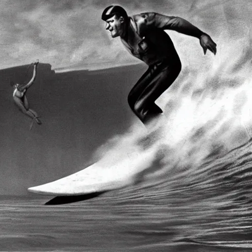 Prompt: mussolini surfing, 1 9 4 0 s photo, photorealistic, close up