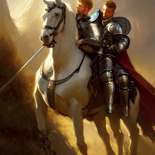 Image similar to attractive arthur pendragon and his favourite attractive male knight, they are in love, camelot, natural lighting, path traced, highly detailed, high quality, digital painting, by gaston bussiere and ross tran and j. c. leyendecker