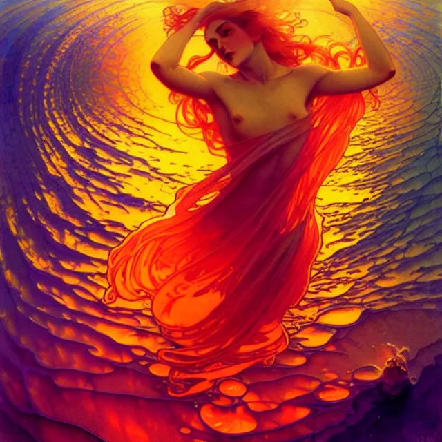 Image similar to mind bending indigo ocean waves of glossy psychedelic liquid honey flowing like kaleidoscopic translucent amber, lsd waves, honey ripples, dramatic sunset, refracted lighting, art by collier, albert aublet, krenz cushart, artem demura, alphonse mucha