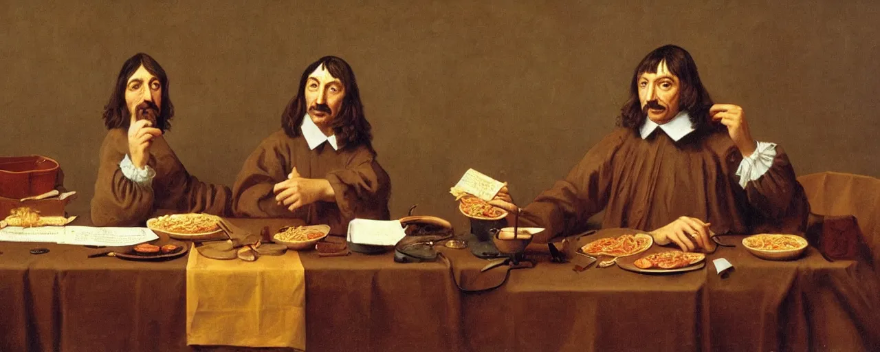 Prompt: rene descartes discussing spaghetti philosophy, 1 5 0 0 s, kodachrome, in the style of wes anderson, retro