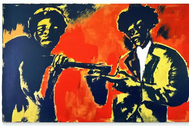 Prompt: afroamerican trumpet jazzist by andy warhol and cezanne, loose brush strokes, high contrast, thick oil painting