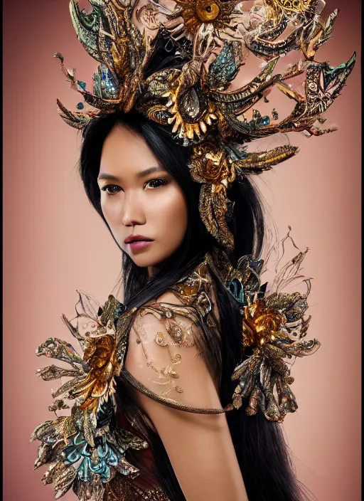 Image similar to expressive full body photo of a filipino female model, ornate headpiece made from flowers, ornaments, glamour shot, by karol bak, by stefan gesell, photorealistic, canon r 3, fashion photography, hyper maximalist, elegant, ornate, luxury, elite, environmental portrait, symmetrical features, octane render, unreal engine, solid dark grey background, dramatic lights