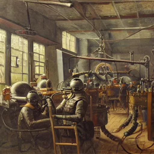 Image similar to oil painting of a nineteenth century engineers workshop, chaotic. in the center a big armoured suit akin to a submarine with a diving helmet