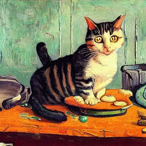 Image similar to an oil painting of a cat baking cookies in the style of van gogh, matisse, caravaggio and raphael