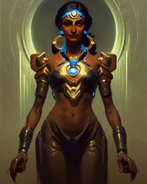 Prompt: symmetra from overwatch, character portrait, concept art, intricate details, highly detailed by greg rutkowski, michael whelan and gustave dore