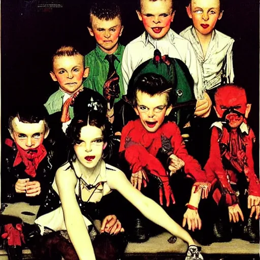 Image similar to Group portrait of a small punk vampire gang. Painting by Norman Rockwell.