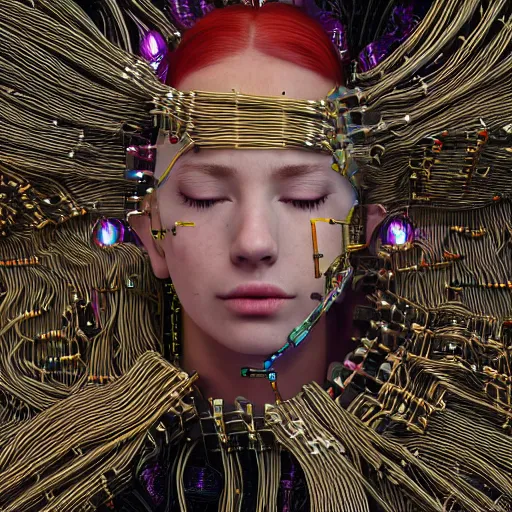 Image similar to give me a higher love, piles of modular synth cables, kawaii puerto rican goddess swimming up wearing a headpiece made of circuit boards, by cameron gray, wlop, stanley kubrick, masamune, hideki anno, jamie hewlett, unique perspective, trending on artstation, 3 d render, vivid