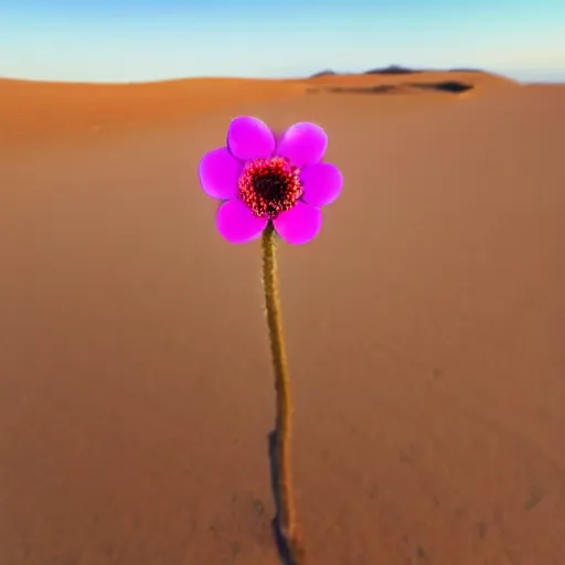 Prompt: a single small pretty desert flower blooms in the middle of a bleak arid empty desert, near the flower a large topaz crystal is partly revealed, background sand dunes, clear sky, low angle, dramatic, cinematic, tranquil, alive, life.