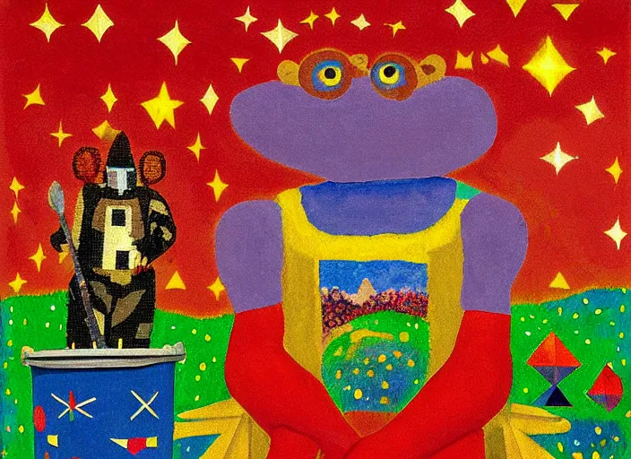 Image similar to pixel decollage painting tarot fool card composition trash can toter with red maggot bear and wonky alien frog knight on a horse in a dark red cloudy night sky with golden foil jewish stars and diamonds, mountain lake and blossoming field in background, painted by Mark Rothko, Helen Frankenthaler, Danny Fox and Hilma af Klint, pixelated, neo expressionism, semi naive, pastel colors, cinematic, color field painting, cave painting, voxel, pop art look, outsider art, minimalistic. Bill Traylor painting, part by Philip Guston and Francis Bacon. art by Adrian Ghenie, very coherent symmetrical artwork, cinematic, hyper realism, high detail, octane render, unreal engine, Smooth gradients, depth of field, full body character drawing, extremely detailed, 8k, extreme detail, intricate detail, masterpiece