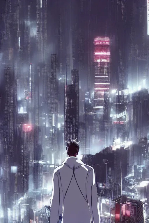 Image similar to man in white tracksuit overlooking a cyberpunk city, style of Mirror\'s Edge, dreamy, beautiful clouds, beautiful artwork by Makato Shinkai + Satoshi Kon, anime