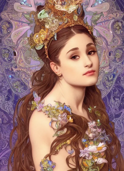 Image similar to Ariana Grande as God of Beauty, cute, fantasy, intricate, elegant, highly detailed, digital painting, 4k, HDR, concept art, smooth, sharp focus, illustration, art by alphonse mucha,artgerm, H R Giger