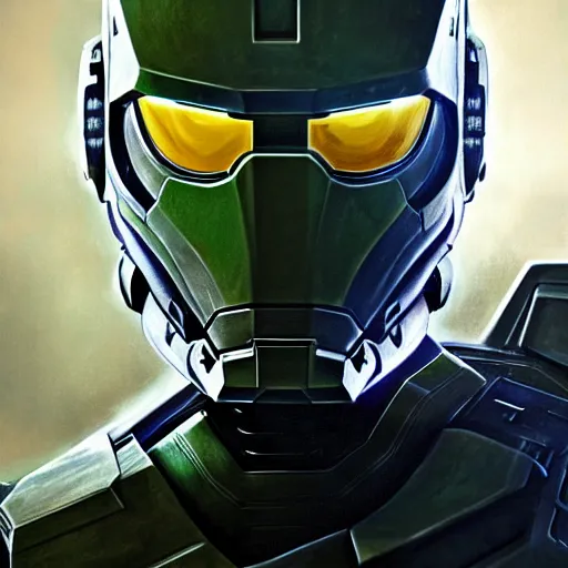 Image similar to Tony Stark's face wearing Master Chief's armor from Halo, high tech, action shot, angular, full body portrait, futuristic, dramatic, fantasy, intricate, elegant, highly detailed, digital painting, artstation, concept art, matte, sharp focus, illustration, 8K, art by Donato Giancola and James Gurney