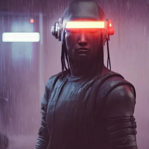 Image similar to cyberpunk samurai in a dytopian future, ultra realistic, fog, raytracing, reflections, rain, octane render