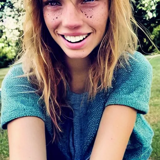 Image similar to a trending photo of over a million views from a female fashion model's instagram account, summer, freckles, smile, green eyes, natural, easygoing, healthy