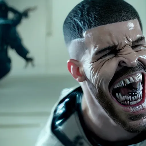 Image similar to Drake as Eddie Brock from Venom (2018), 4k, insanely detailed, teeth with small drops of red water