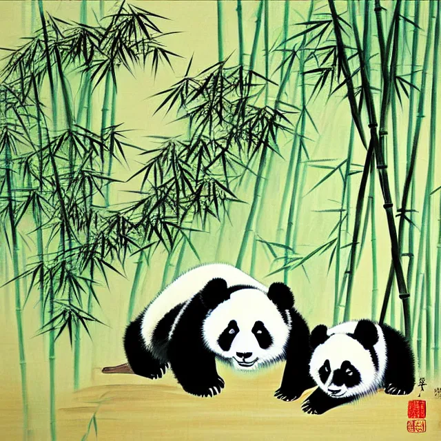 Image similar to a beautiful painting two pandas in the bamboo forest, by zhang daqian painting