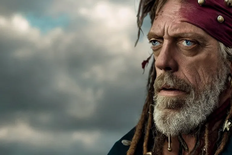 Image similar to promotional image of hugh laurie as a pirate captain in the new Pirate of the Carribean movie, very detailed face, movie still frame, promotional image, imax 70 mm footage