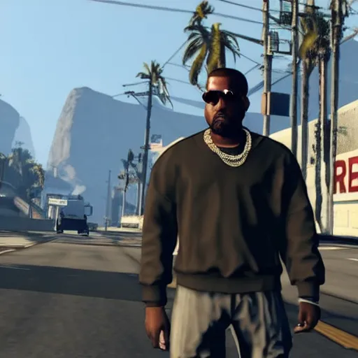 Prompt: Kanye West in GTA V, gameplay footage