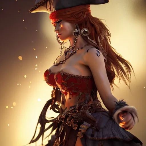 Image similar to full body pose, hyperrealistic photograph of a beautiful pirate woman, dim volumetric lighting, 8 k, octane beautifully detailed render, extremely hyper detailed, intricate, epic composition, cinematic lighting, masterpiece, trending on artstation, very very detailed, stunning, hdr, smooth, sharp focus, high resolution, award, winning photo, dslr, 5 0 mm