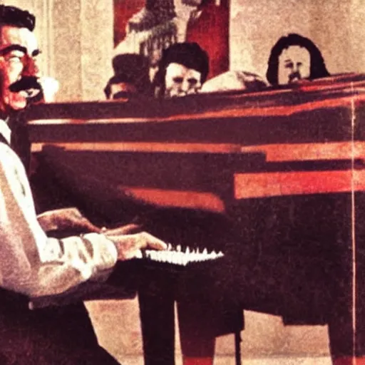 Image similar to a picture of Joseph Stalin playing the piano in front of a great audience