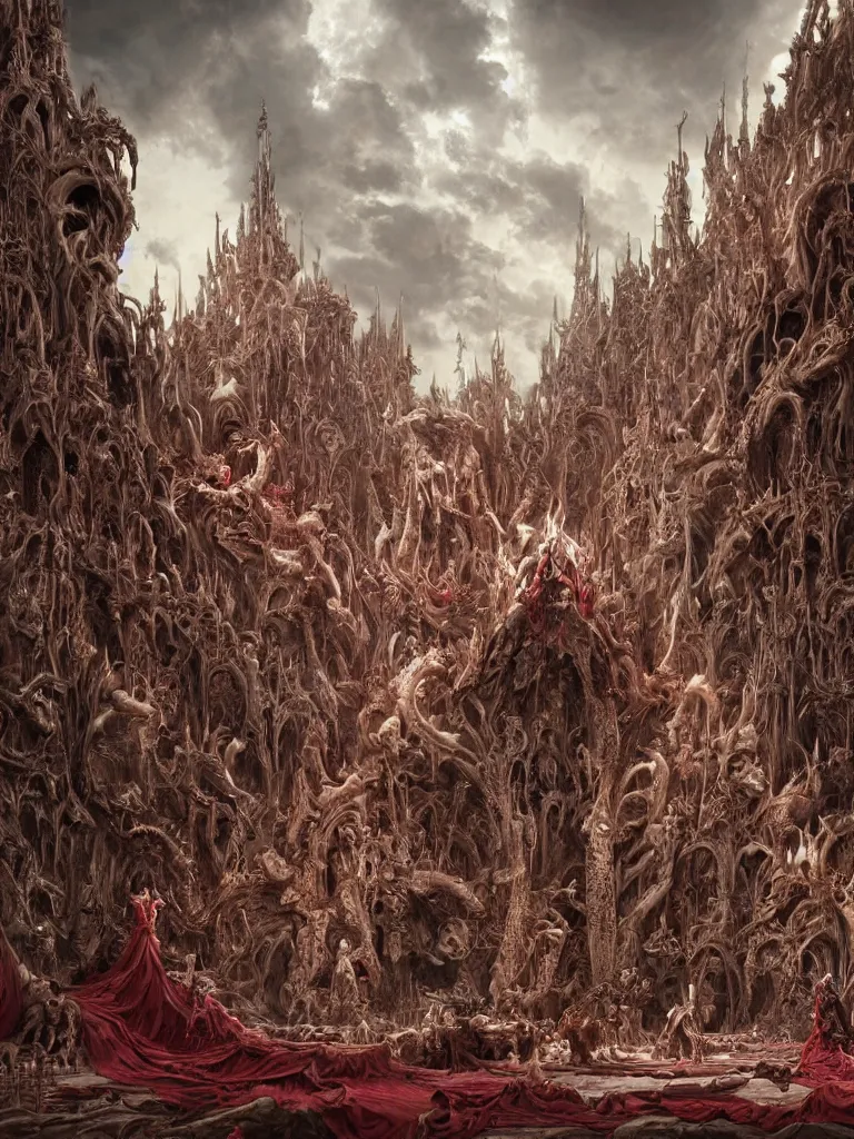 Image similar to matte painting of a huge ivory throne of bones, abominations are kneeling in front of the throne, red tones, highly coherent, ultra realistic, concept art, intricate details, eerie, highly detailed, photorealistic, octane render, 8 k, unreal engine. art by artgerm and greg rutkowski and alphonse mucha