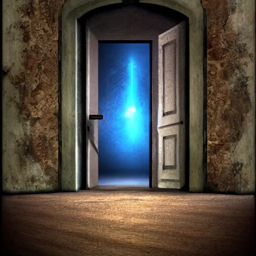 Image similar to portal opening behind an old door, digital art, 4 k, fantasy