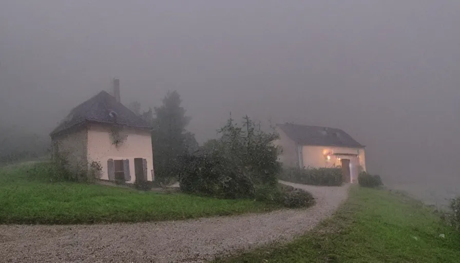 Prompt: mini dv camera footage of a heavy burning french style little house, heavy rain, foggy, in a small northern french village, heavy grain, very low quality, high detail, dramatic light