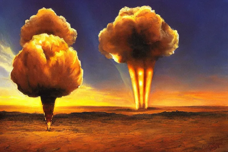 Prompt: masterpiece painting of a nuclear bomb, dramatic lighting, by marc davis