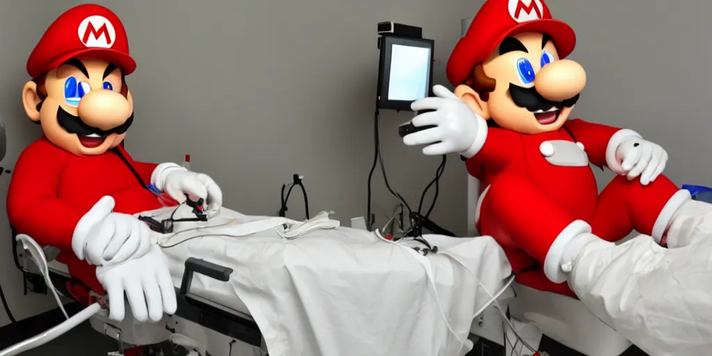 Image similar to anthropomorphic mario as an anesthesiologist, sitting in chair, ventilator machine, photo