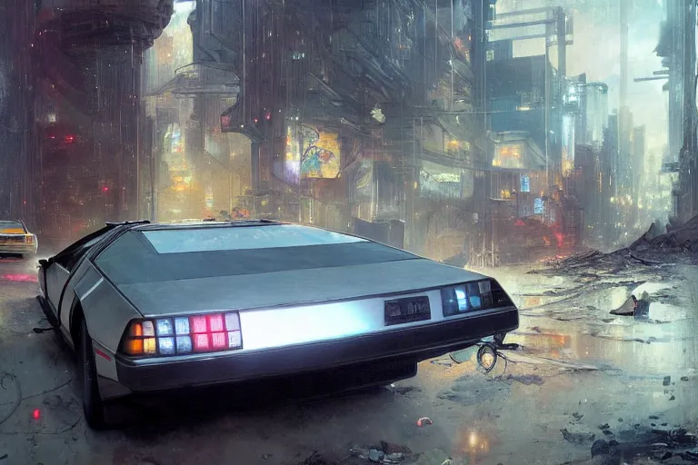 Image similar to photograph of the delorean, with a sleek spoiler, driving down the streets of a cyberpunk abandoned city, by greg rutkowski, by stanley artgerm, by alphonse mucha