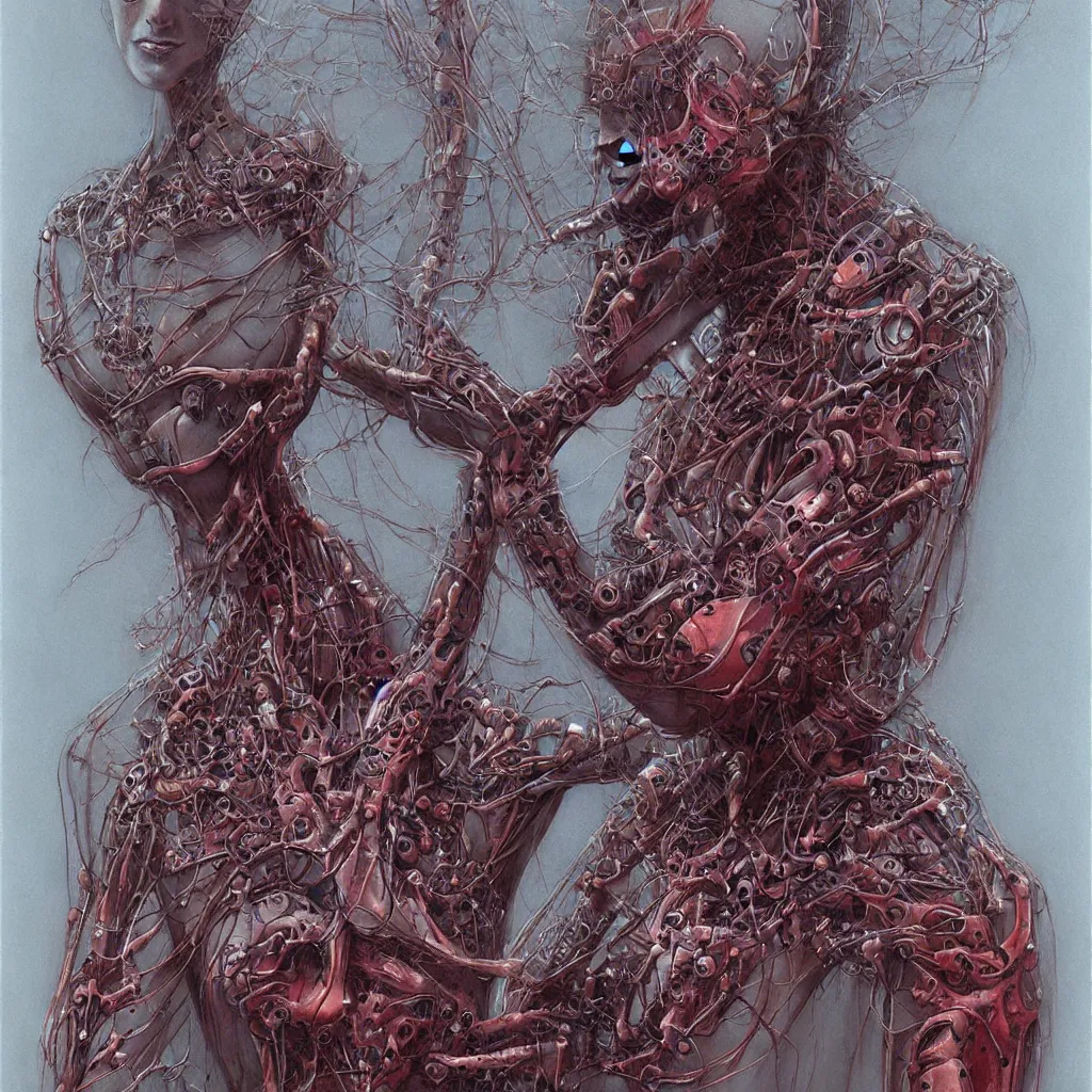 Image similar to portrait of biomechanical woman by wayne barlowe and zdislaw beksinski