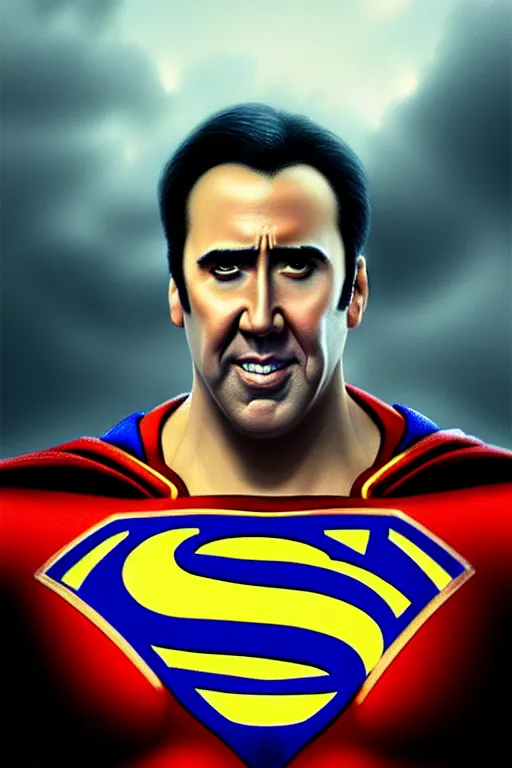 Image similar to portrait of nicolas cage as superman looking away from the camera, intricate, extremely detailed digital painting by greg rutkowski, artstation