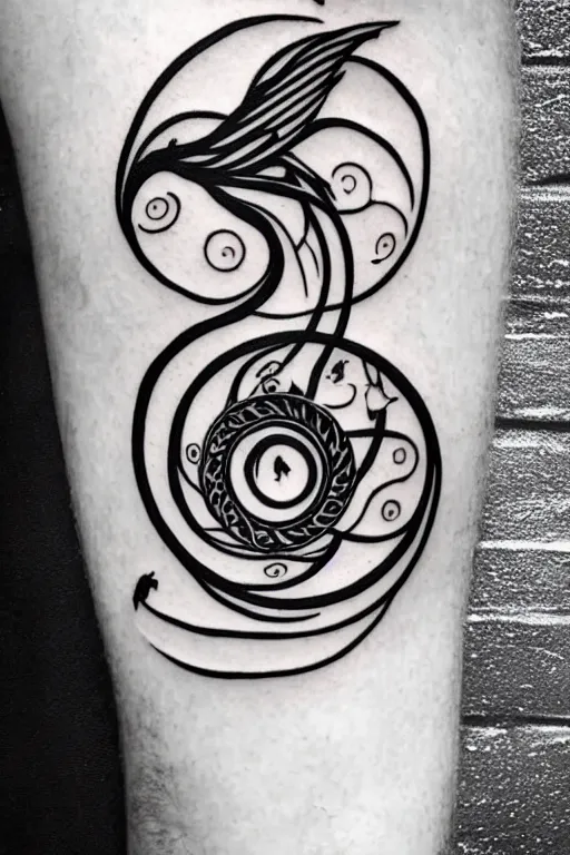 Image similar to a simple tattoo design of flying birds in a 8 shape spiral, black ink, logo