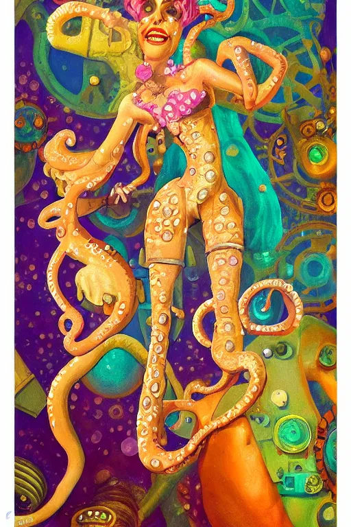 Prompt: !dream An anthropomorphic cephalopod go-go dancer, beautiful female, 1920s steampunk psychedelic rave aesthetic. In the style of Ralph Bakshi and Alain Aslan. Oil on canvas, detailed.