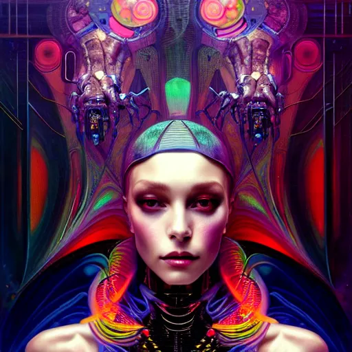 Prompt: extremely psychedelic beautiful cyborg queen of virus infected by night. intricate, elegant, highly detailed, extremely lifelike photorealistic digital painting, artstation. steichen, gaston bussiere, tom bagshaw, cyberpunk alphonse mucha. elegant minimalism. anatomically correct. sultry. sharp focus. surreal lush hallucination