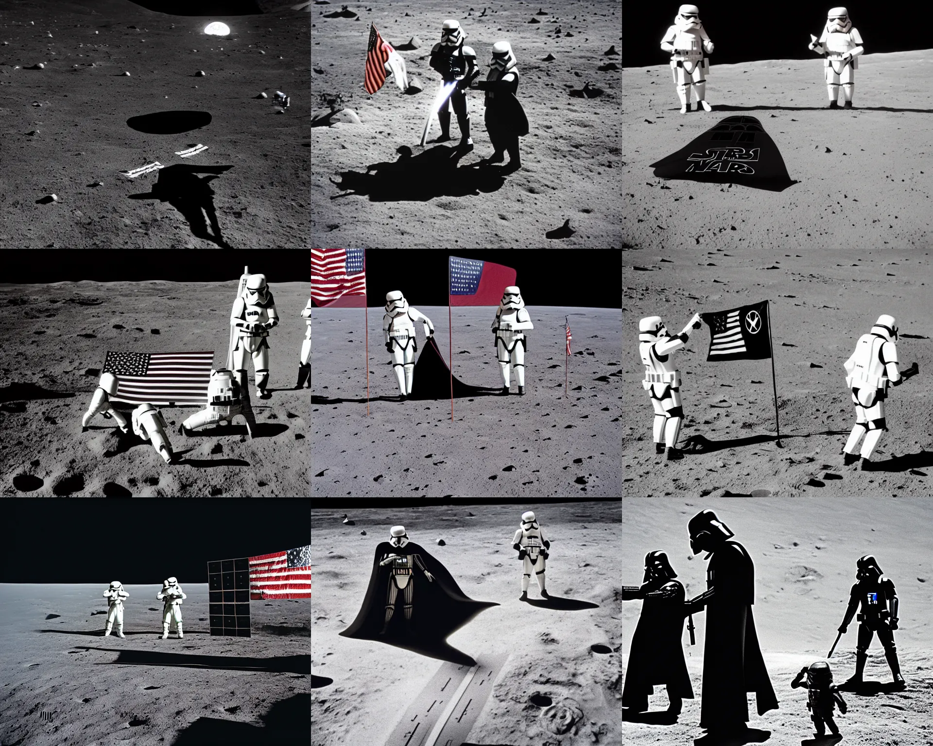 Prompt: darth vader and 2 stormtroopers planting the american flag on the moon, apollo 1 1 photo, ground level, high contrast