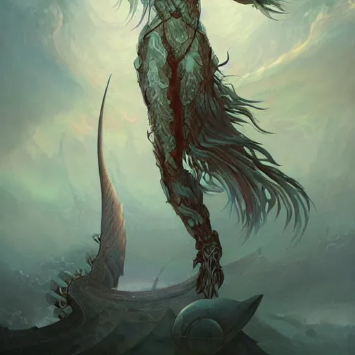 Image similar to illustration, quetzalcoatl, inhumanly long and thin limbs, fallen angel, Barthin, by Peter Mohrbacher, hyper detailed, otherworldly, octane rendered, fantasy, heavenly