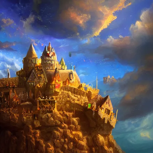 Prompt: a big fort made of glowing golden material, cosmic, surreal, photorealistic, clouds, oil painting, matte painting, 8 k,