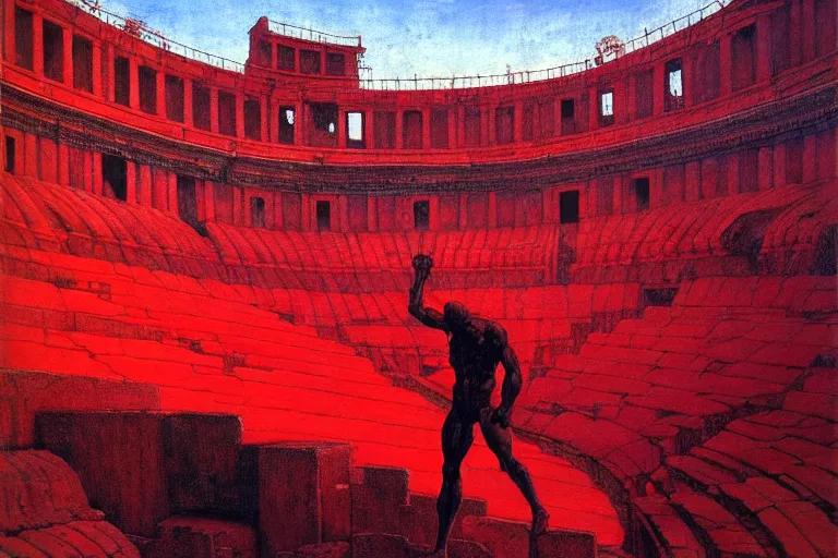 Image similar to only with red, a red gladiator in a crowded roman amphitheatre, crowd cheers him, in the style of beksinski, parts by edward hopper, parts by rodcenko, parts by yue minjun, intricate and epic composition, red by caravaggio, insane quality, highly detailed, masterpiece, red light, artstation