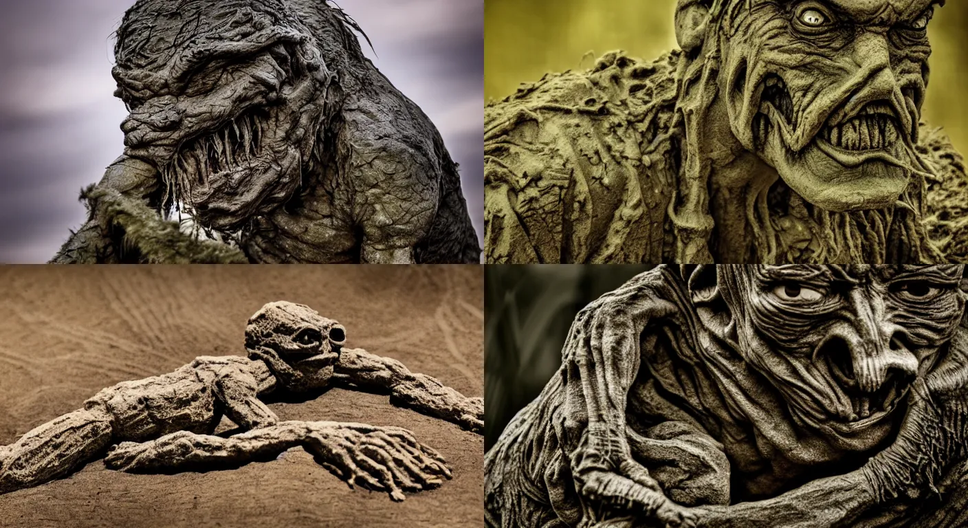 Prompt: Swamp monster made of sandstone, style of 50mm photograph, horrific, distressing. Highly detailed, photographic, cinematic, dramatic