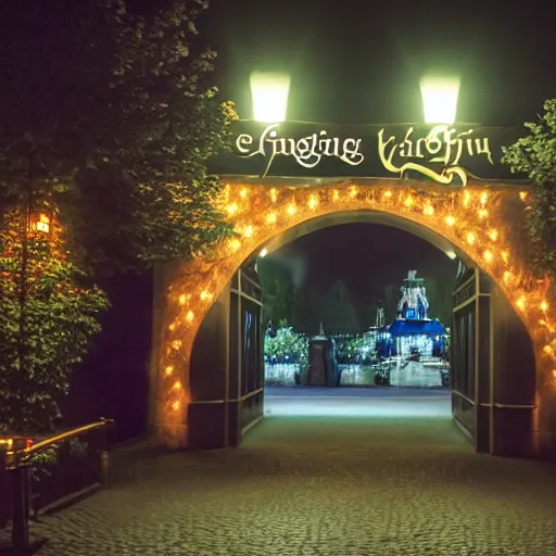 Prompt: Efteling entrance by night, dark, mysterious street photography