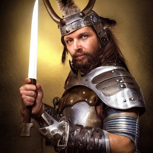 Prompt: portrait photograph of a medieval warrior from koingation, human with wolf ears and a wolf tail, holding an arming sword wearing light leather armor, fantasy character design, hyper realistic